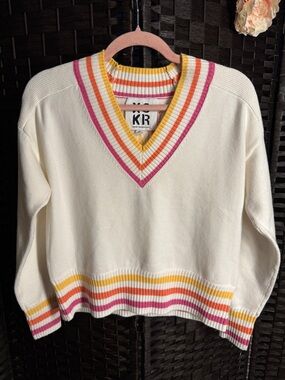 Kerri Rosenthal Get Happy Cream V-Neck Sweater with Colorful Trim Size XS